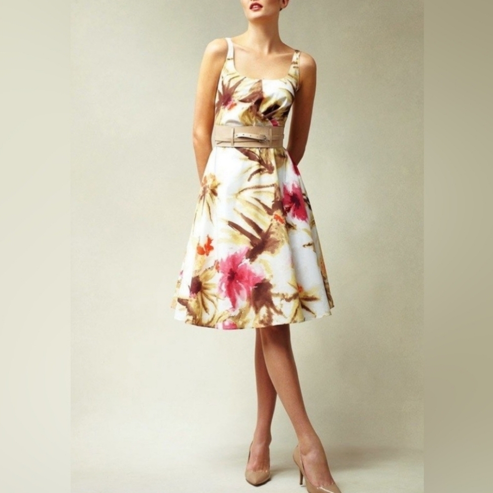 Talbots Sz 14 Ivory Brown Tan & Pink Watercolor Floral Fit & Flare Dress Classic